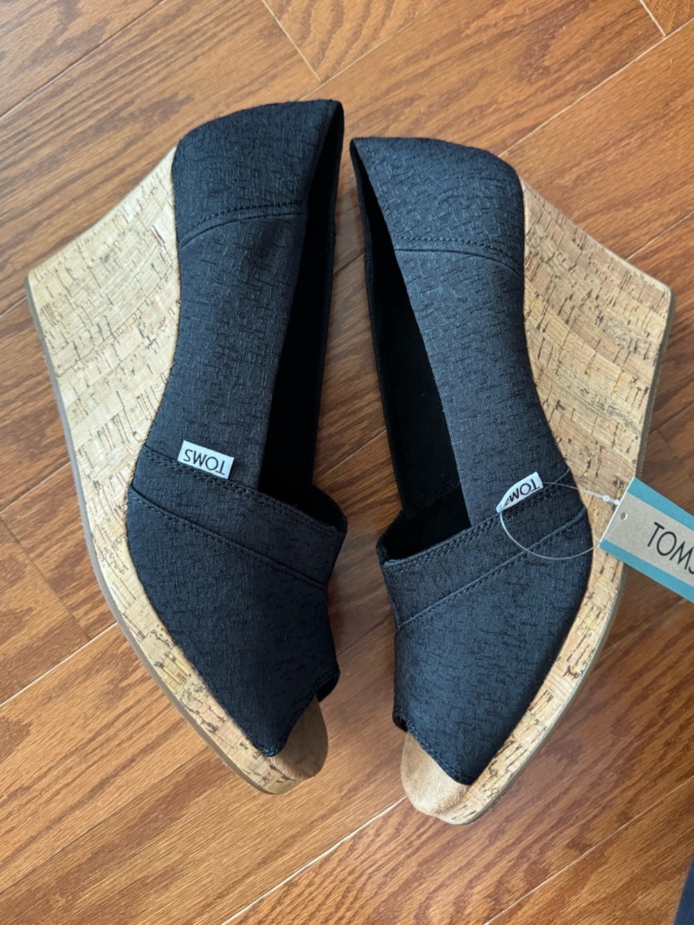 TOMS Black Cork Wedge Peep-Toe Espadrilles NWT and box